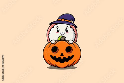 Cute cartoon illustration sushi roll sashimi character hiding in the scary pumpkin halloween