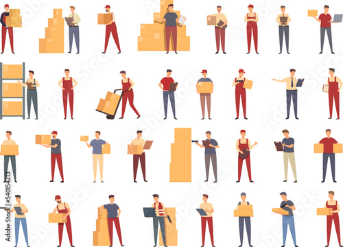 Storekeeper icons set cartoon vector. Worker wood. House supplier
