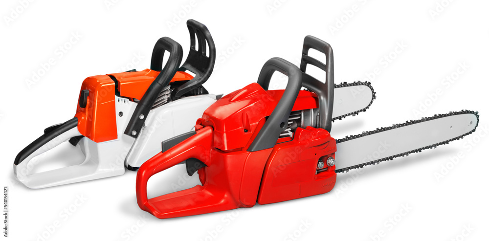 Red hand electric chainsaws on white background