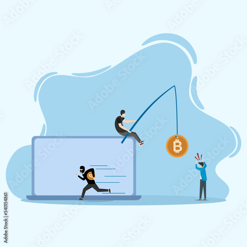 Masked scammer steals cryptocurrency on laptop. Thief steals bitcoins. Criminals steal cryptocurrency. cyber crime vector illustration, mining virus concept.