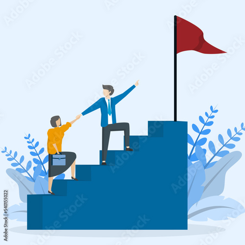 Business mentor helping others to advance career and holding ladder step vector illustration. self-development strategy flat style design business concept Guidance, skill improvement and climbing