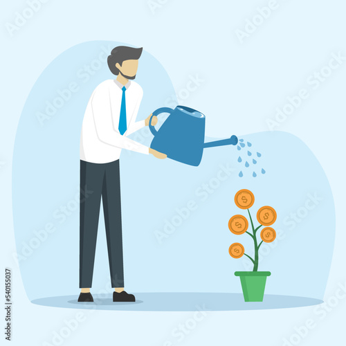 smart businessman investor finish watering money plant seed with coin flower. Financial growth or investment, increase profits and capital gains, success in wealth management concept.