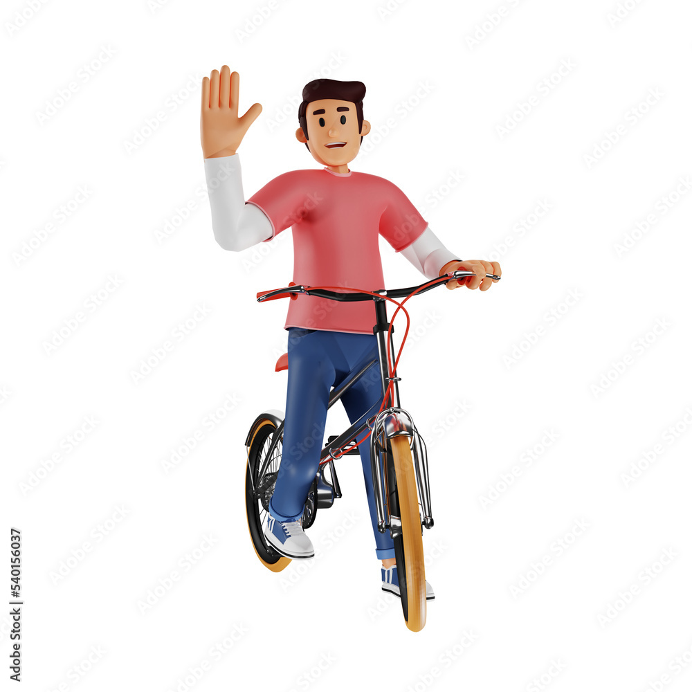 Young man riding a bicycle waving his hand 3d character illustration Young man riding a bicycle waving his hand 3d character illustration