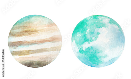 水彩で描いた木星と地球のイラスト 挿絵 背景イラスト 惑星