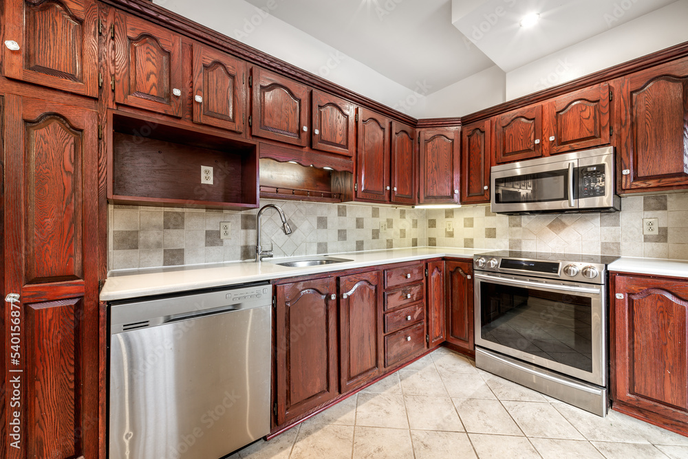 Fototapeta premium Luxury renovated furnished apartment in Montreal with finished basement, backyard, loundry, bedrooms, living room an kitchen