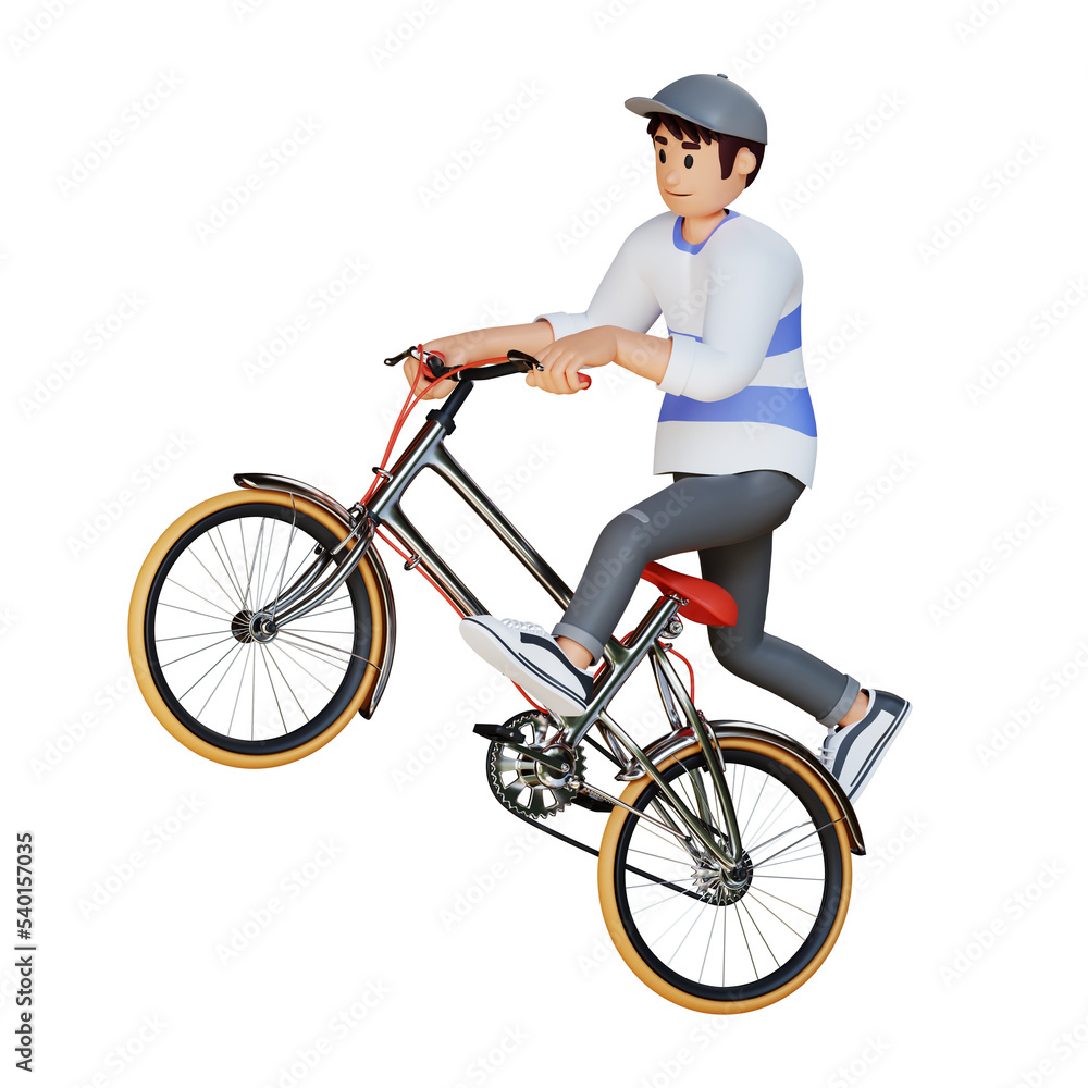Young man in hat riding a bicycle while freestyle 3d character illustration Young man in hat riding a bicycle while freestyle 3d character illustration