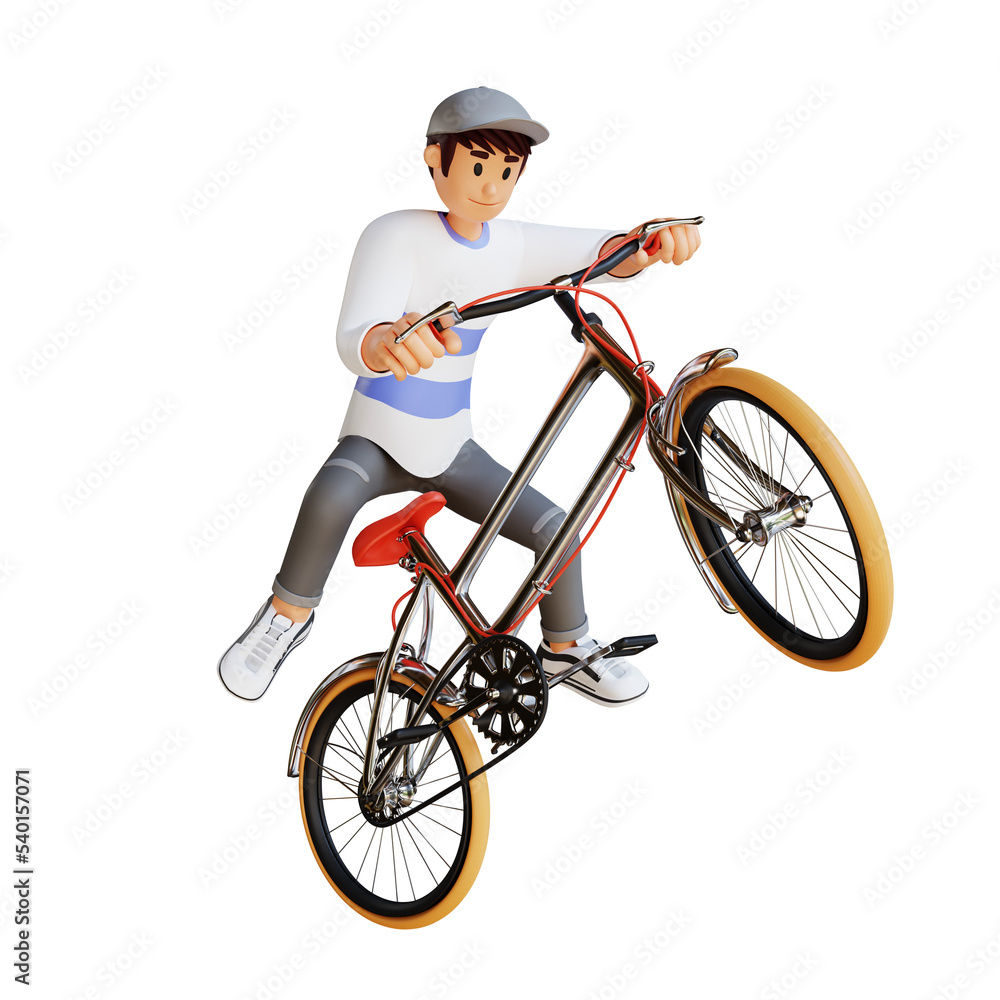 Young man in hat riding a bicycle while freestyle 3d character illustration Young man in hat riding a bicycle while freestyle 3d character illustration