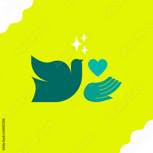 International Day of Peace.  International Day of Tolerance.  Vector illustration of a minimalist flat dove. Templates for weddings, banners, posters, advertisements.  Symbol of tolerance, trust, care
