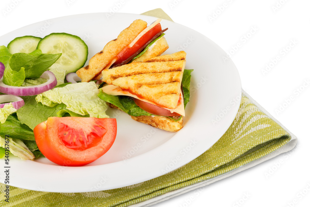 Fresh tasty sandwiches and vegetables on  background
