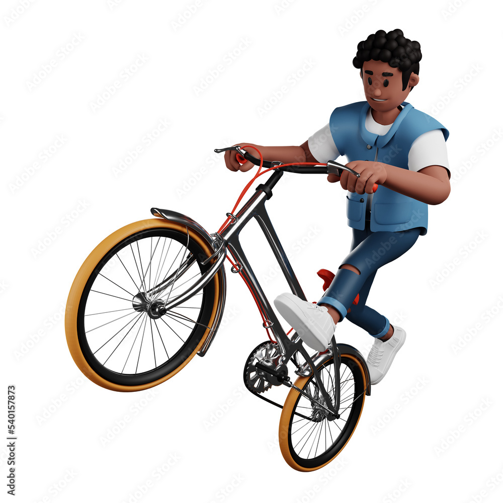 Curly haired young man riding a bicycle while freestyle 3d character illustration Curly haired young man riding a bicycle while freestyle 3d character illustration