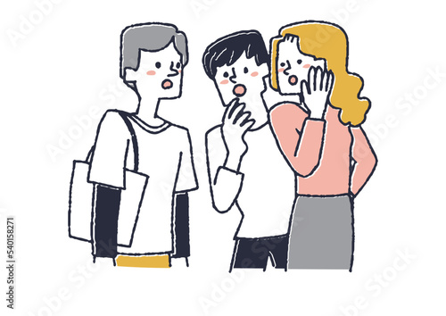 男女が固まって噂話をしている様子