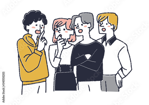 男女が固まって噂話をしている様子