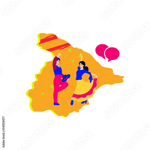 World Spanish Language Day.  Map concept and spanish flag elements with typical spanish dance design Flat Icons.  Vector Illustration. Perfect for Spanish celebration event posters.