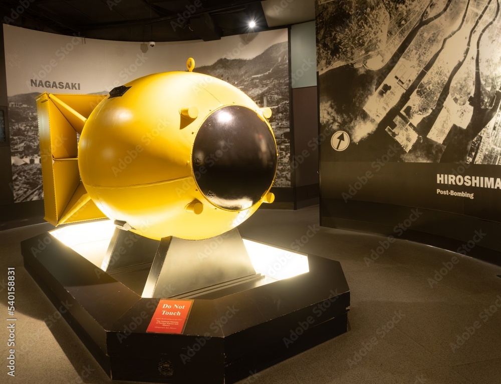 Fototapeta premium The Fat Man, a Yellow Bomb Casing Similar to the Atomic Bomb Dropped in Nagasaki, Japan, on Display at the National Museum of the Pacific War in Texas