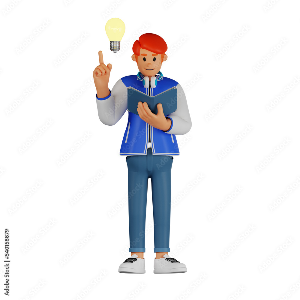 Young man red haired reading a book and coming up with an idea 3d character illustration Young man red haired reading a book and coming up with an idea 3d character illustration
