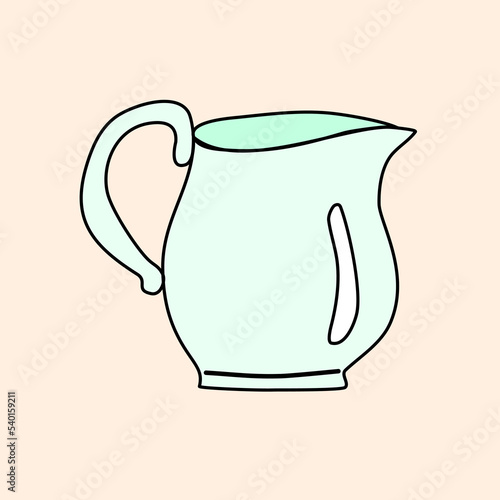 Porcelain jug, pitcher, coffee or tea creamer or milk pot with handle, doodle style flat vector