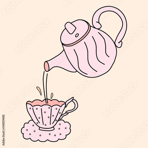 Pouring tea from ceramic or porcelain tea pot into old fashioned cup with saucer doodle style vector