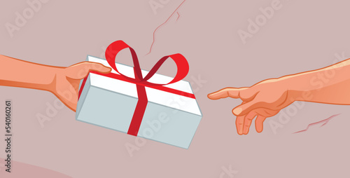 Hand Offering a Gift Vintage Style Design Vector Illustration. Reinterpretation of a famous painting with a modern twist
