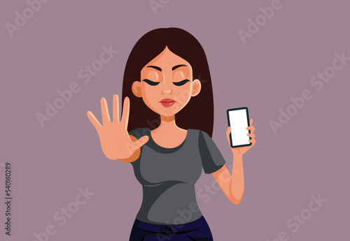 Mother Holding a Smartphone Refusing Screen Time Vector Illustration. Parent using authoritarian style punishing and grounding taking phone away
