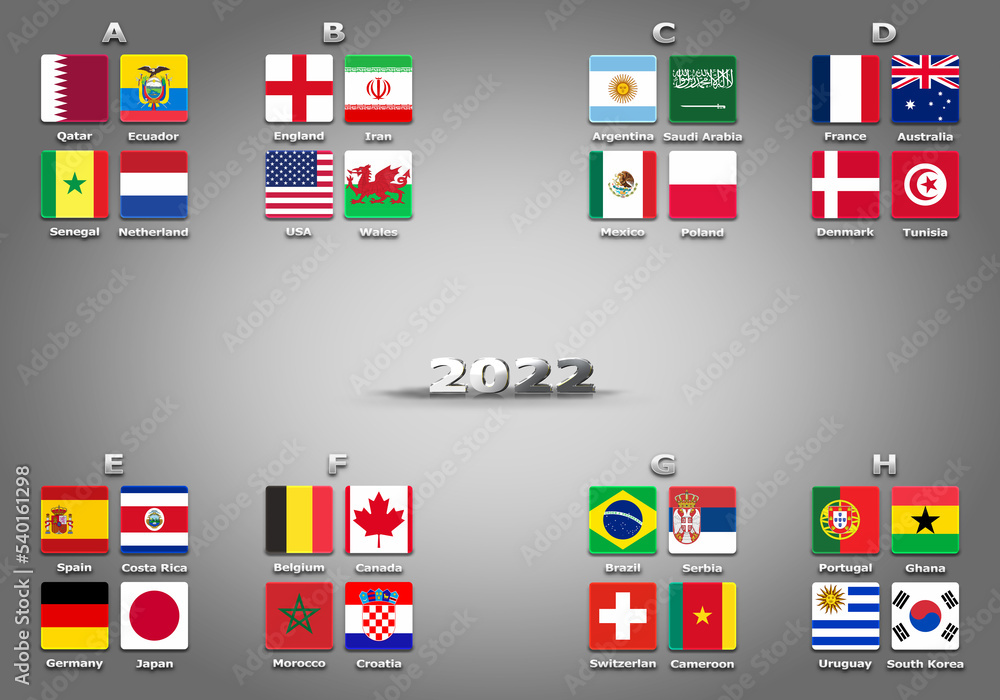3D illustration concept groups of 2022 championship. All 32 qualifying countries. 3D illustration concept groups of 2022 championship. All 32 qualifying countries.
