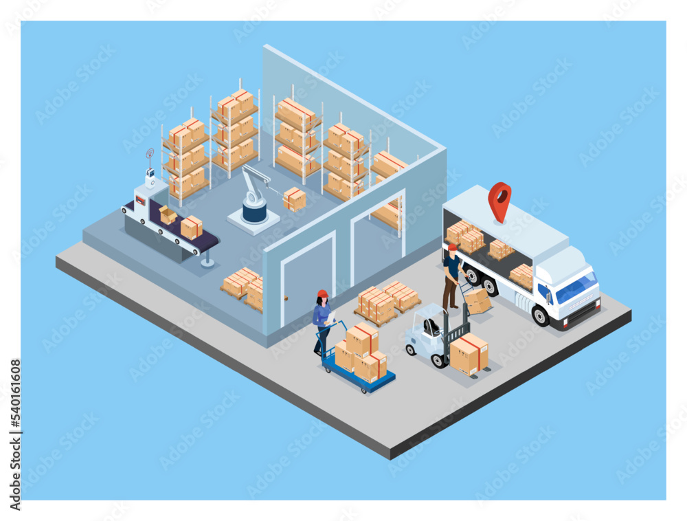 3D isometric logistics Warehouse Work Process Concept with Transportation operation service, Export, Import, Cargo, Forklif, Delivery Truck. Vector illustration EPS 10 3D isometric logistics Warehouse Work Process Concept with Transportation operation service, Export, Import, Cargo, Forklif, Delivery Truck. Vector illustration EPS 10