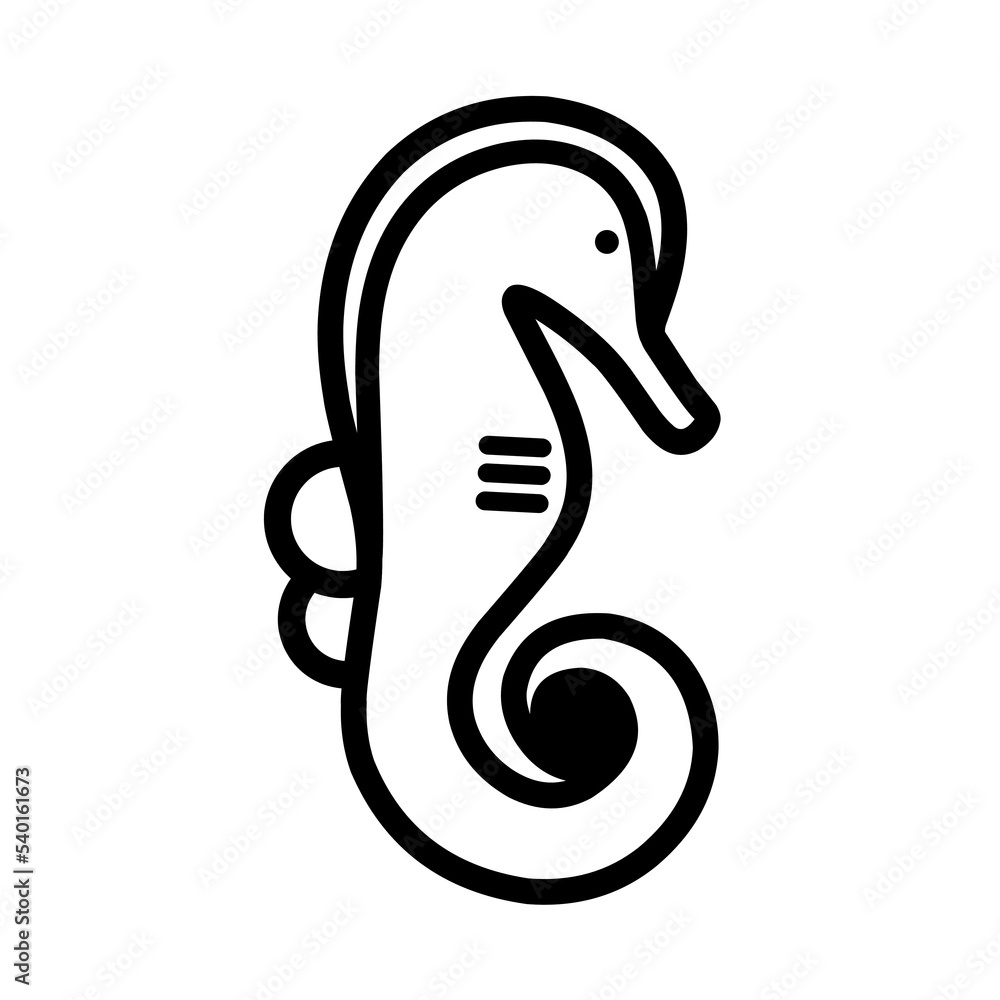 Obraz premium Seahorse outline silhouette on a white background. The black striped seahorse is seen from the side. Great for logos, cards, banners, posters. Vector illustration