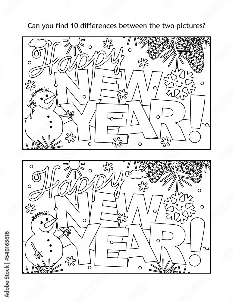 Obraz premium Happy New Year greeting find the ten differences picture puzzle and coloring page with greeting text, winter scene, happy snowmen and smiling snowflake 