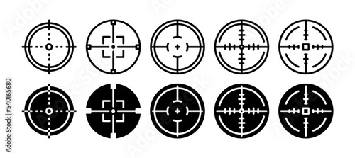 Target destination icon set. Aim sniper shoot group. Vector illustration with line and solid style
