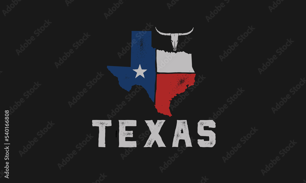 Texas flag map and longhorn with vintage stamp effect isolated on white background. Vector template