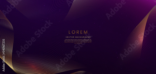 Luxury golden lines wave on dark purple background with lighting effect sparkle. Template premium award design.