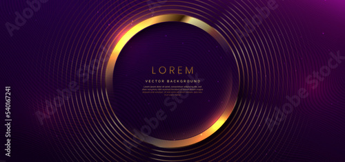 3D gold circle lines overlapping on dark purple background with lighting effect and space for text.
