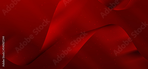 Abstract luxury glowing lines curved overlapping on dark red background.