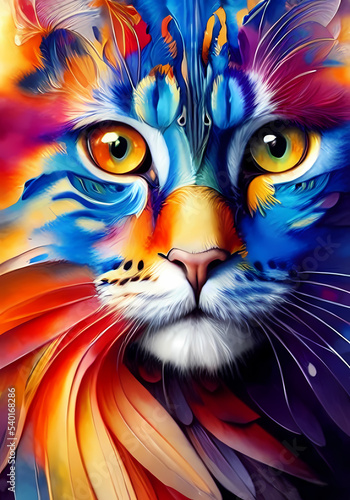 Multicolor cat face portrait vibrant digital art