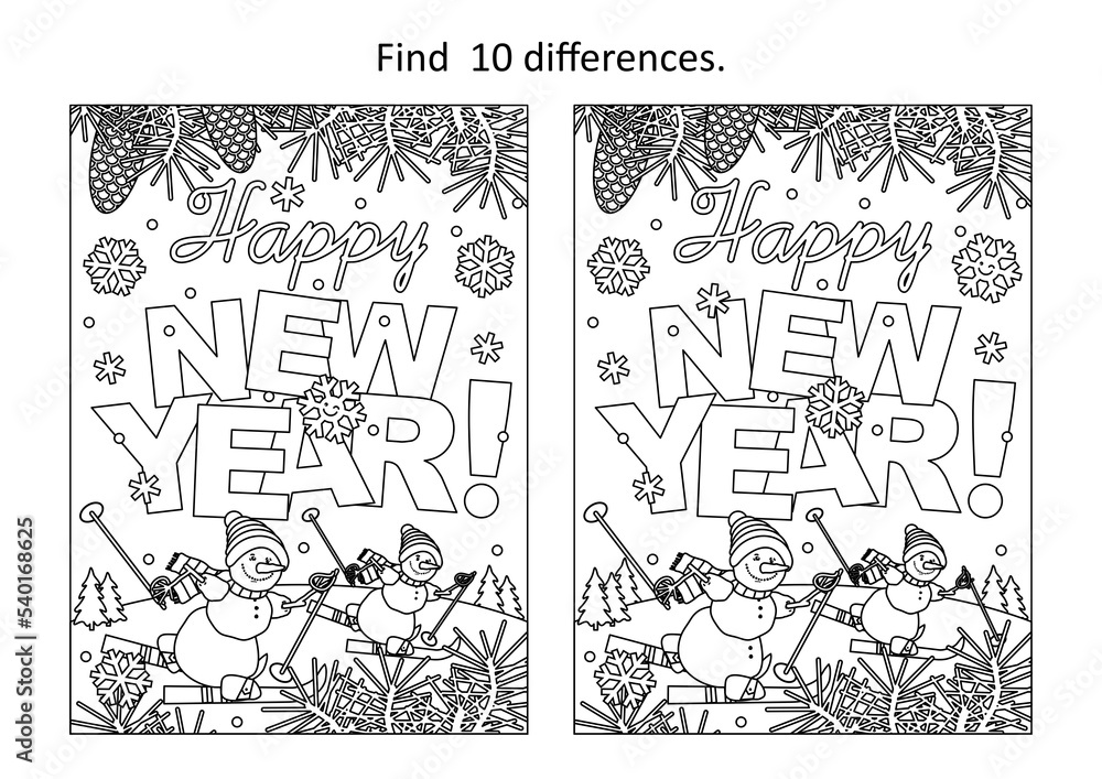 Happy New Year greeting find the ten differences picture puzzle and coloring page with greeting text, winter scene, skiing snowmen
