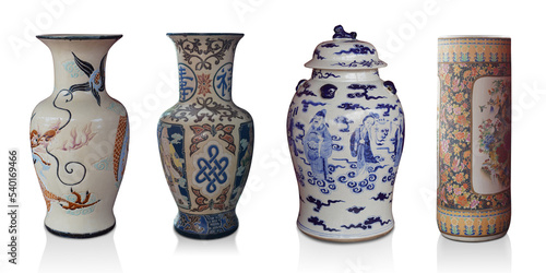 four ceramic pots on white background, object, vintage, retro, decor, gift