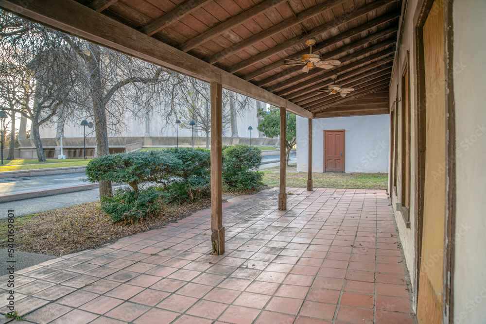 Front porch of an old historic and abandoned building in San Antonio Texas