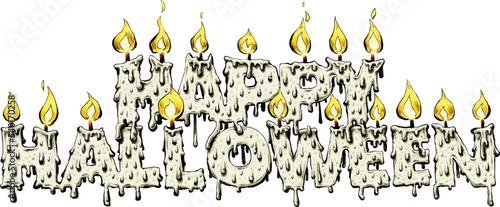 Cartoon of the text Happy Halloween made out of melted wax candles that have small flames.