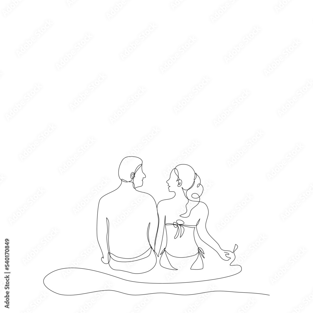 Back side of couple wearing swimming costumes are sitting together in single line drawing style.Vector illustration flat continue line of a young beautiful girl wearing bikini sitting with boyfriend. Back side of couple wearing swimming costumes are sitting together in single line drawing style.Vector illustration flat continue line of a young beautiful girl wearing bikini sitting with boyfriend.
