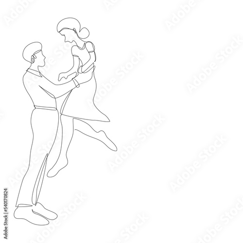 Side view of young groom holding bride who pop legs in single line drawing style.Romantic couple holding and smiling continue line.Vector illustration isolate flat design concept of Valentine’s Day.