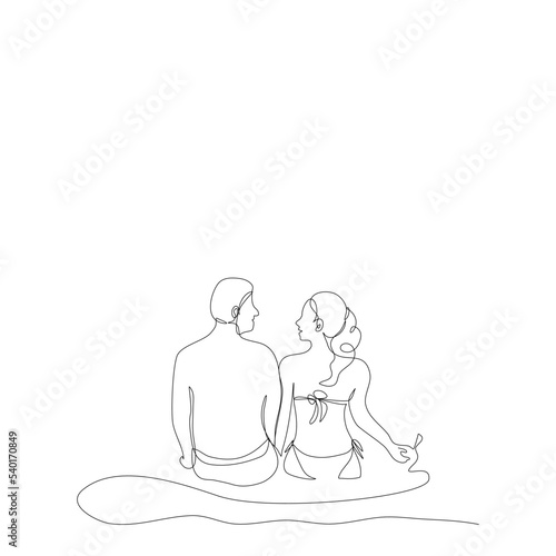 Back side of couple wearing  swimming costumes are sitting together in single line drawing style.Vector illustration flat continue line of a young beautiful girl wearing bikini sitting with boyfriend.