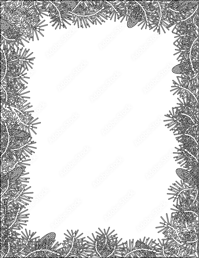 Fir or pine tree branches spruce and cones frame, black and white, vertical layout
Fir or pine tree branches spruce and cones frame, black and white, vertical layout