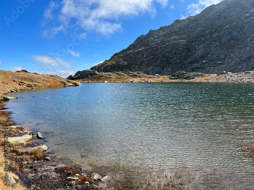 Early autumn on the alpine lakes Laghi della Valletta in the mountainous area of the St. Gotthard Pass (Gotthardpass), Airolo - Canton of Ticino (Tessin), Switzerland (Schweiz)