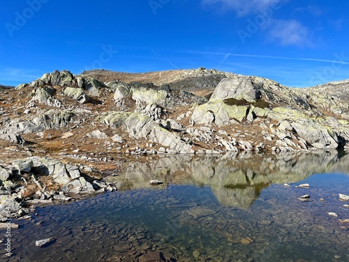 Early autumn on the alpine lakes Laghi della Valletta in the mountainous area of the St. Gotthard Pass (Gotthardpass), Airolo - Canton of Ticino (Tessin), Switzerland (Schweiz)