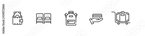 Set of hotel related icons. Cash, credit card payment, single beds, backpack and luggage. Pixel perfect, editable stroke