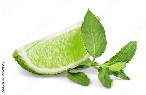 Two pieces of lime and mint leaves isolated on white