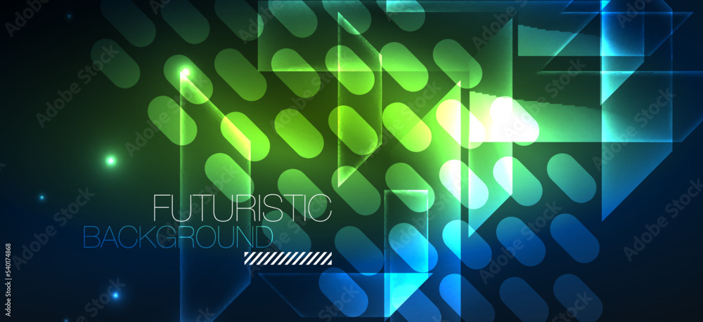 Background neon glowing lines and geometric shapes. Lights in the dark wallpaper for concept of AI technology, blockchain, digital, communication, 5G, science Background neon glowing lines and geometric shapes. Lights in the dark wallpaper for concept of AI technology, blockchain, digital, communication, 5G, science