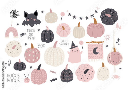 Boho Halloween - vector illustration in flat style. Autumn macrame, pumpkin, cute characters, spooky, decor elements. Cute scandinavian decor for children