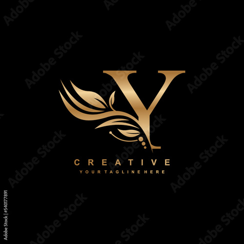gold letter Y logo design with luxurious and beautiful leaf ornament. Y Monogram. Y typography. gold feather logo. initial letter Y logo