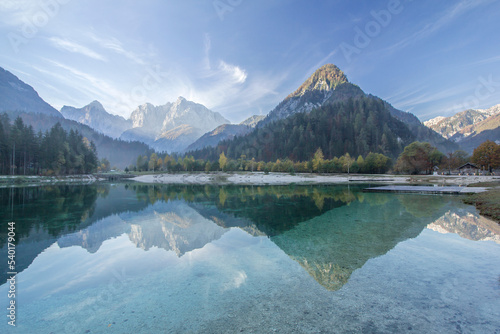 Lake Jasna in Kranjska Gora Slovenia, Julian alps mountain turqoise lake with peak reflections in the morning