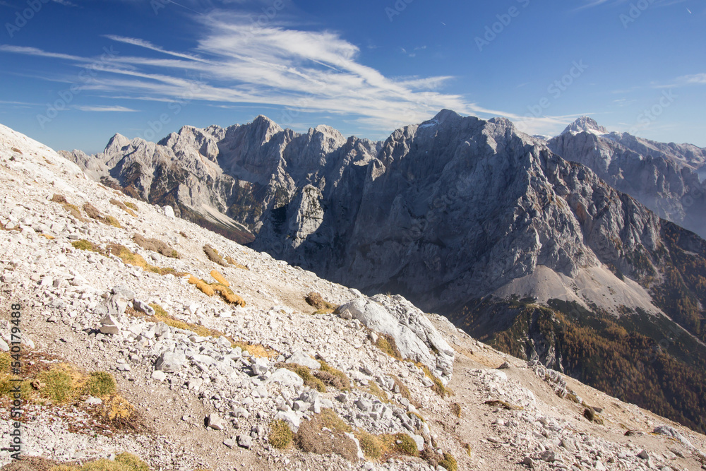 Julian Alps Slovenia, peak Mala Mojstrovka 2332 m, autumn hiking over beautiful hiking trails in Triglav Julijske Alpe
